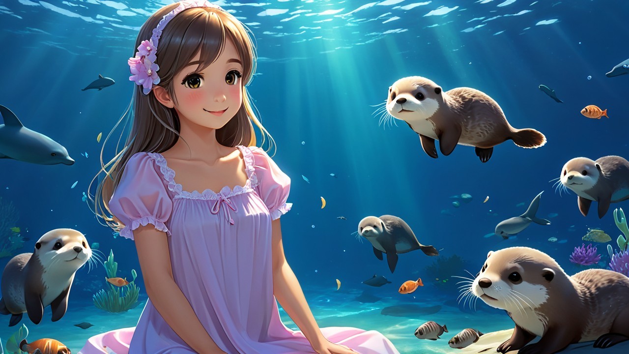 Young girl in pink dress underwater with sea otters