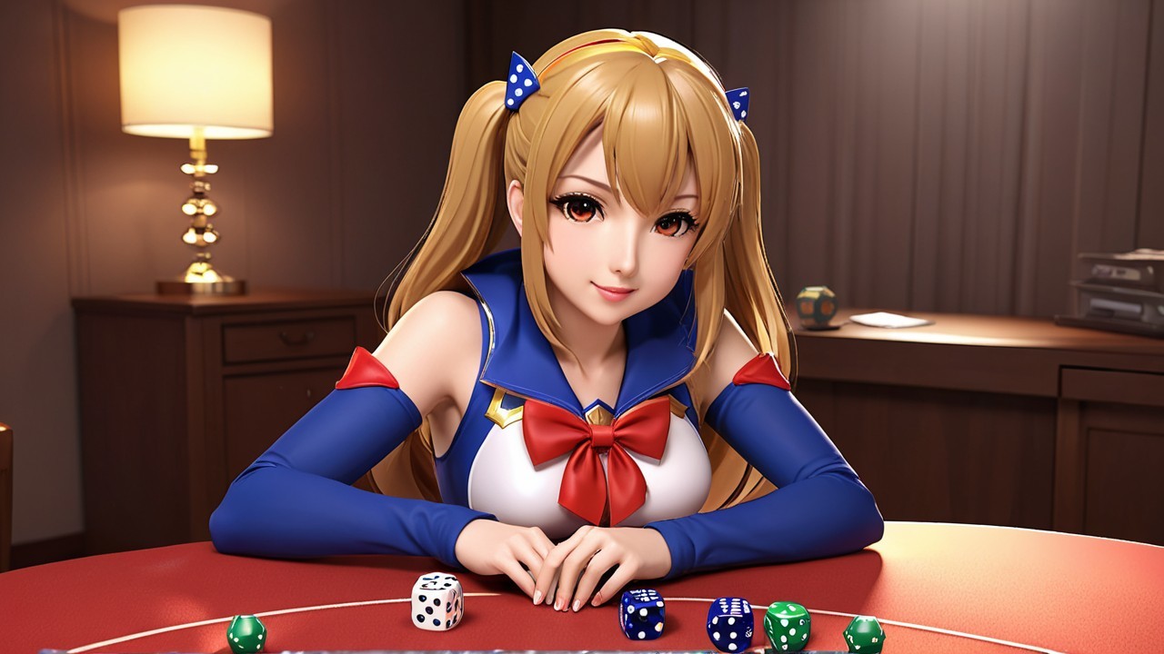 Young Woman at Poker Table in Anime-Inspired Outfit