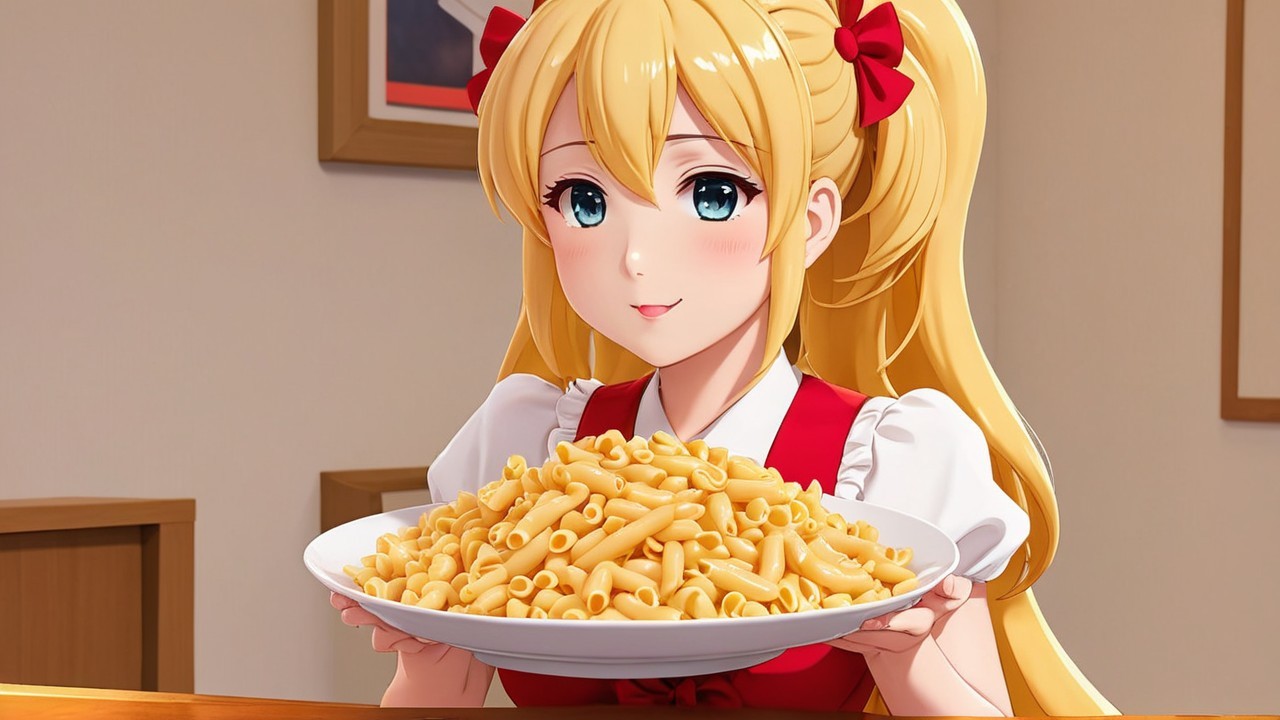 Cheerful anime girl with pasta in cozy dining setting