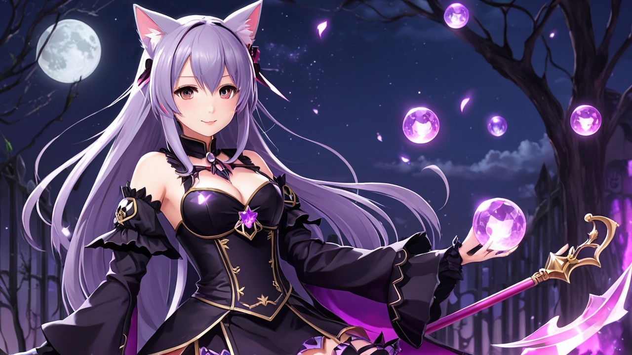 Mystical Character with Cat Ears Under a Glowing Moon