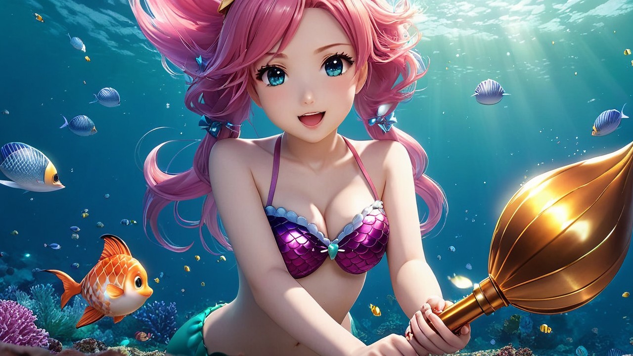 Vibrant Underwater Scene with Cheerful Mermaid