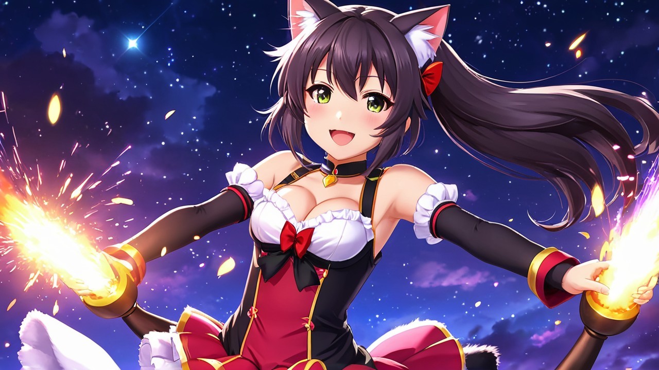 Cheerful anime girl with cat ears in starry sky