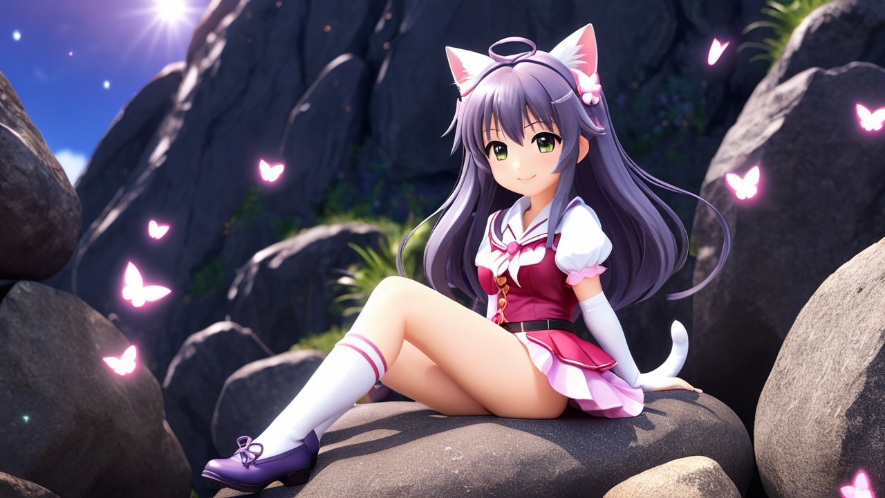 Cute anime character with cat ears and butterflies