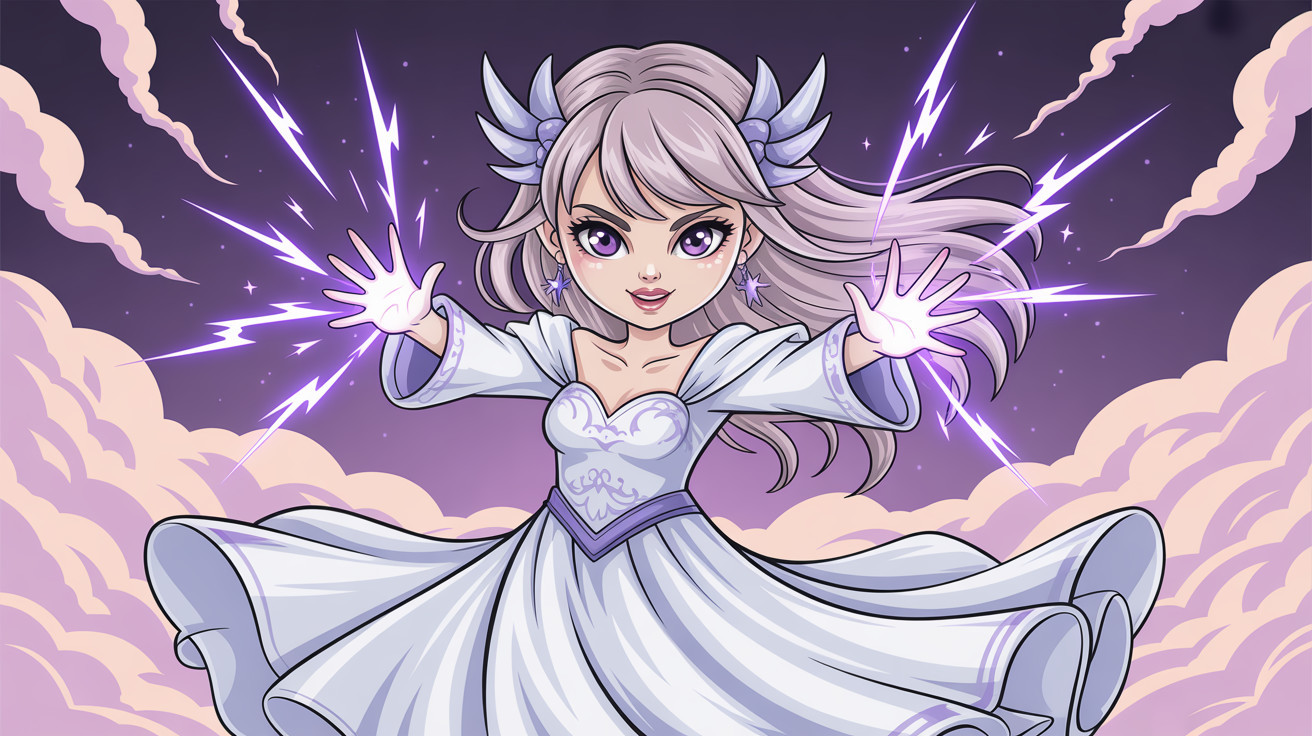 Anime-style girl casting a lightning spell on a cloud