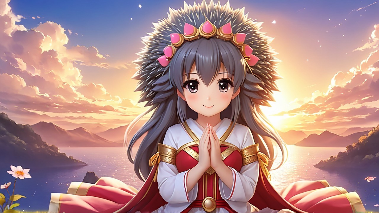 Anime Character at Sunset with Floral Crown and Outfit