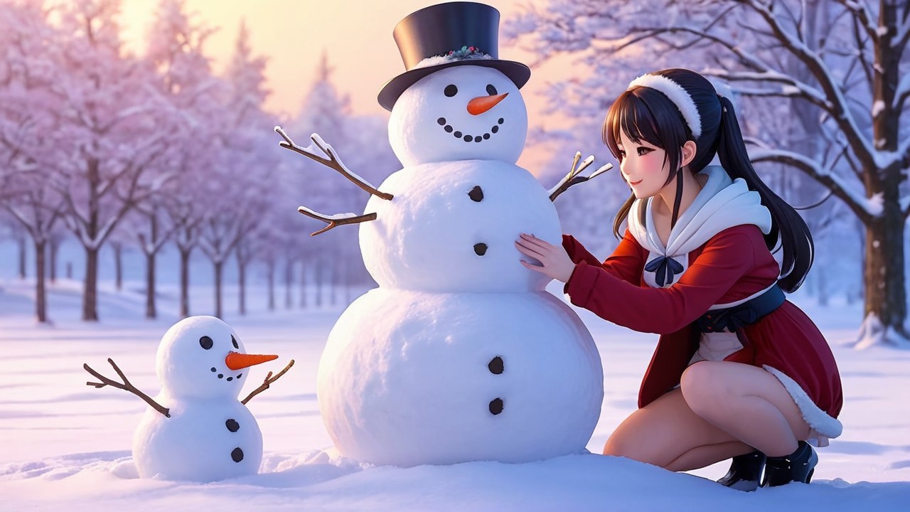 Cheerful Winter Scene with Snowman and Young Girl
