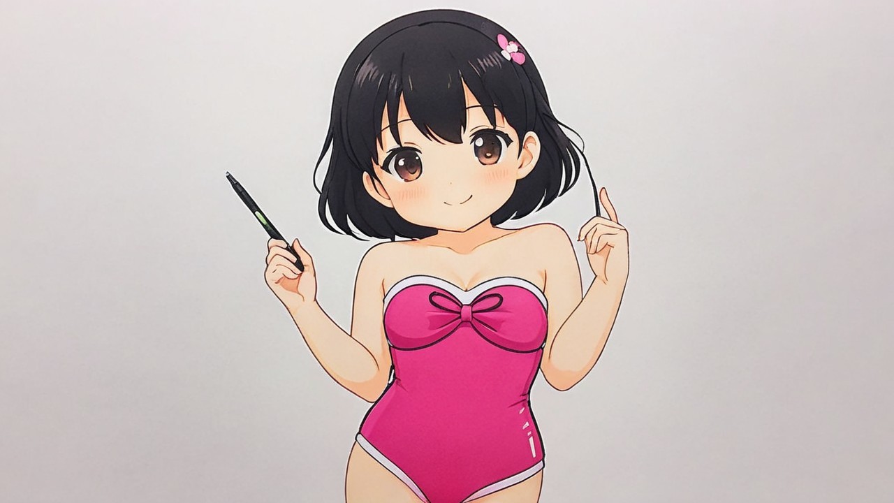 Anime Character in Pink Swimsuit with Green Pen