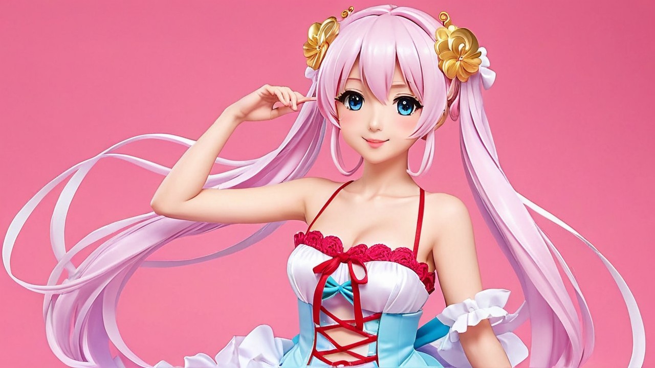 Stylized female character with pink hair and colorful dress