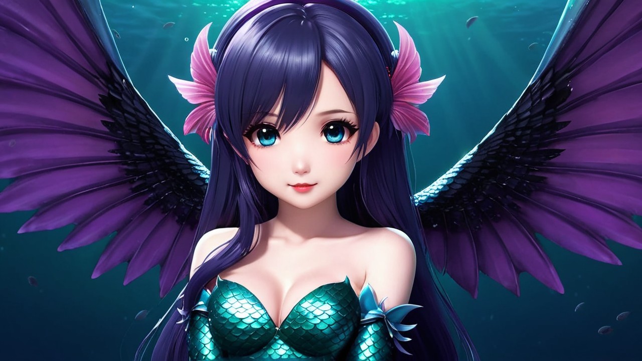 Mermaid Character with Purple Hair and Ethereal Wings