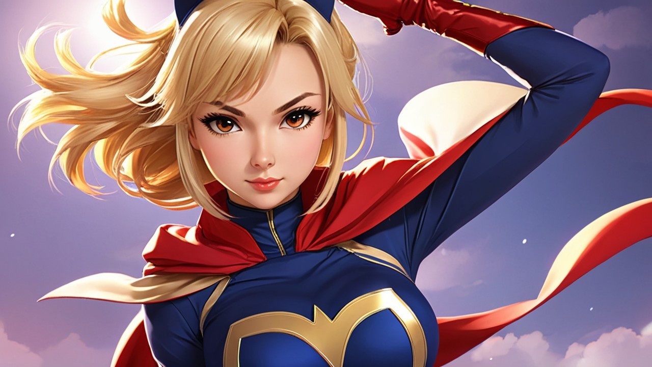 Confident Superheroine in Blue and Gold Suit