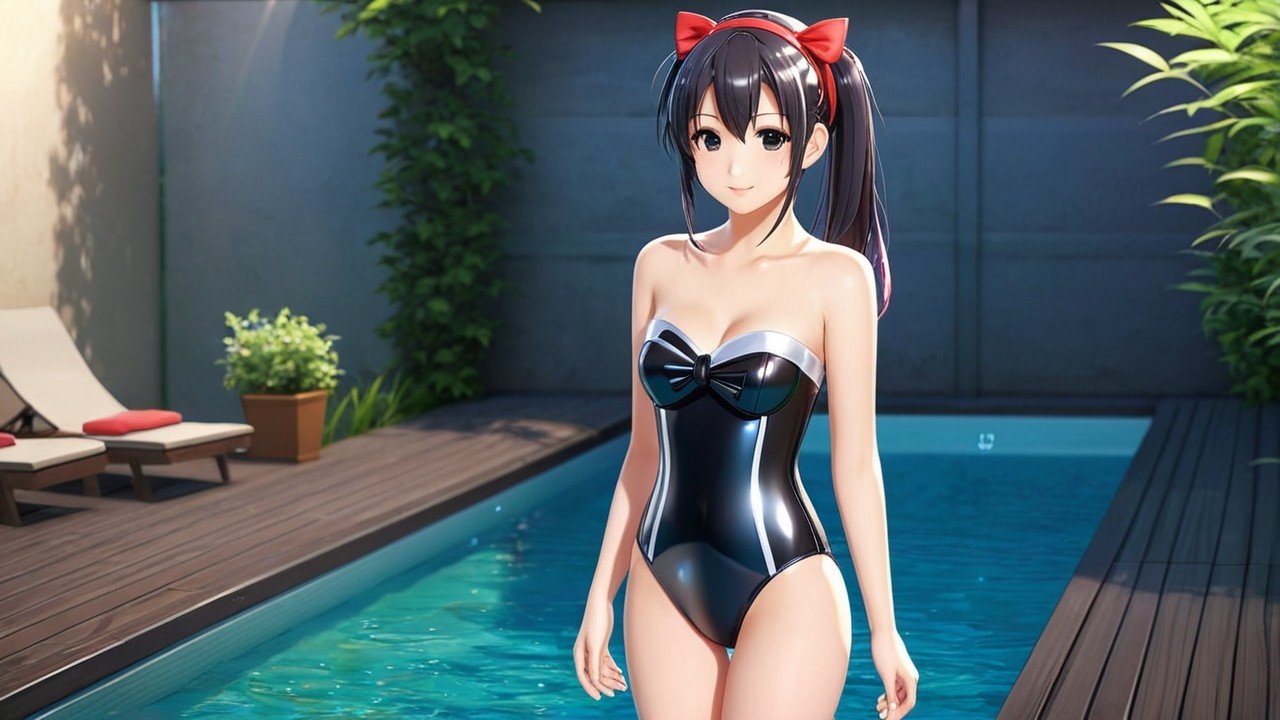 Cheerful Character by Bright Blue Swimming Pool