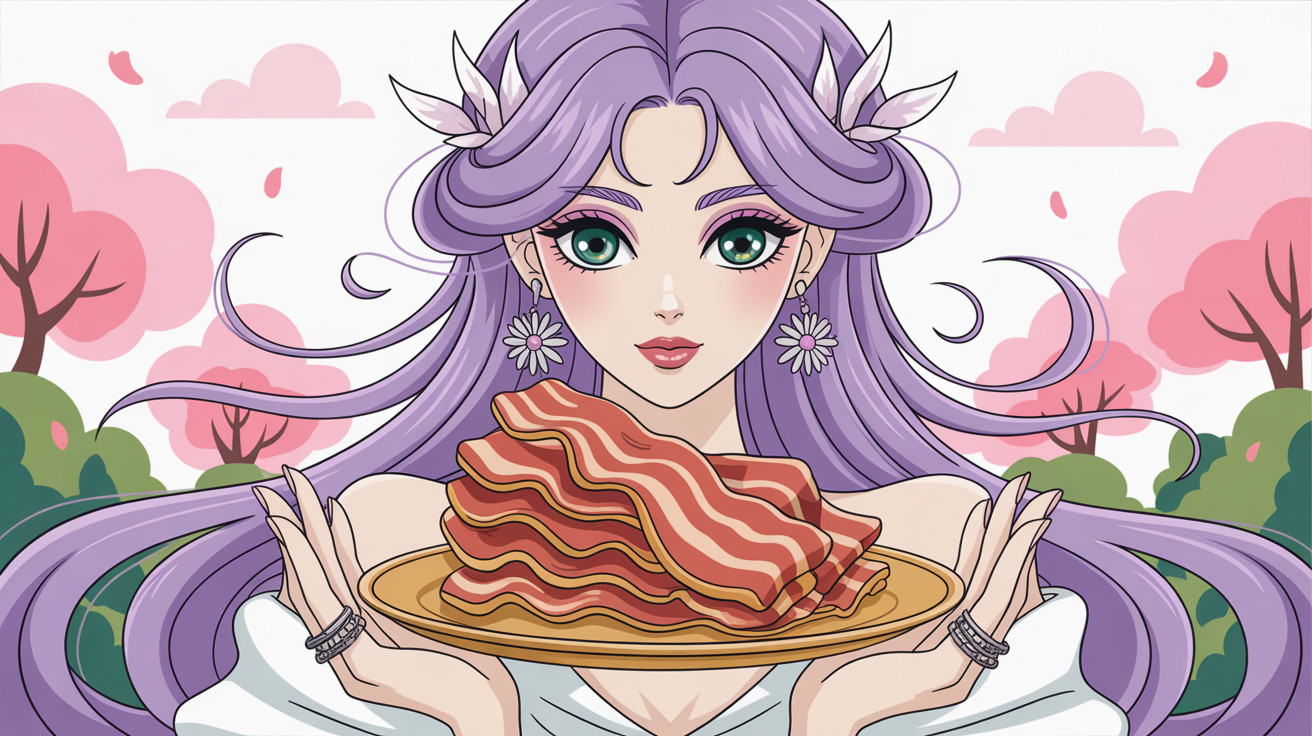 Elegant Anime Goddess with Purple Hair and Bacon