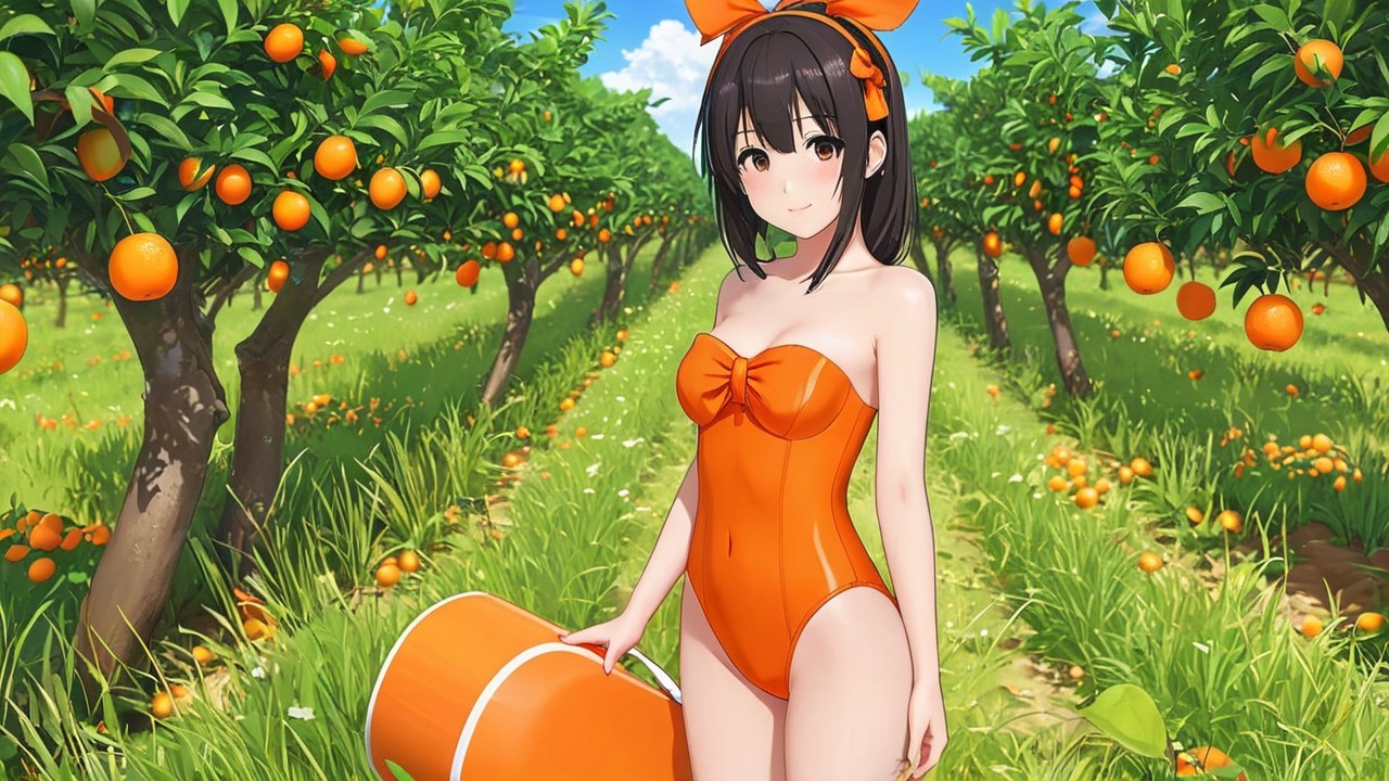 Cheerful girl in orange orchard with bright cooler
