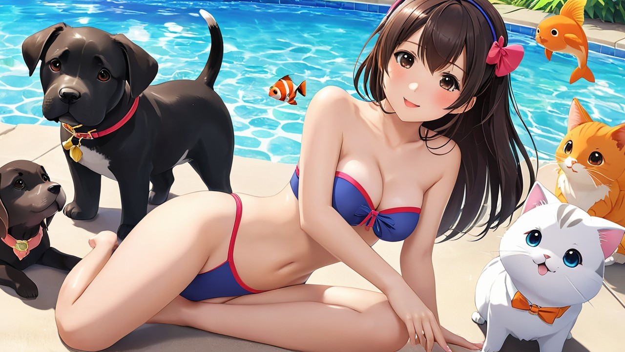 Cheerful woman in blue bikini by pool with pets