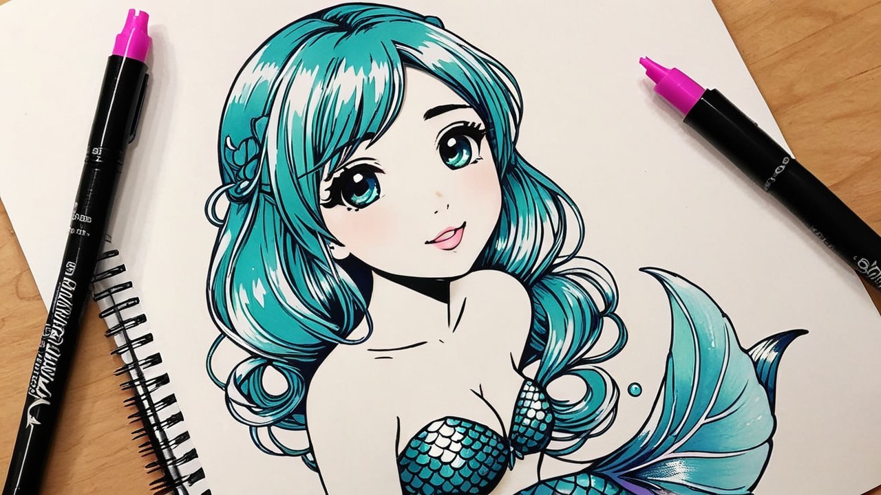 Illustration of a mermaid girl with vibrant teal hair