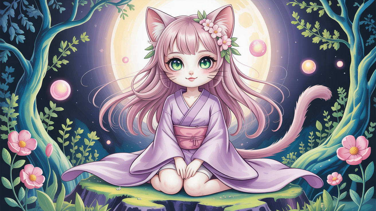 Necomimi girl in kimono under a full moon setting