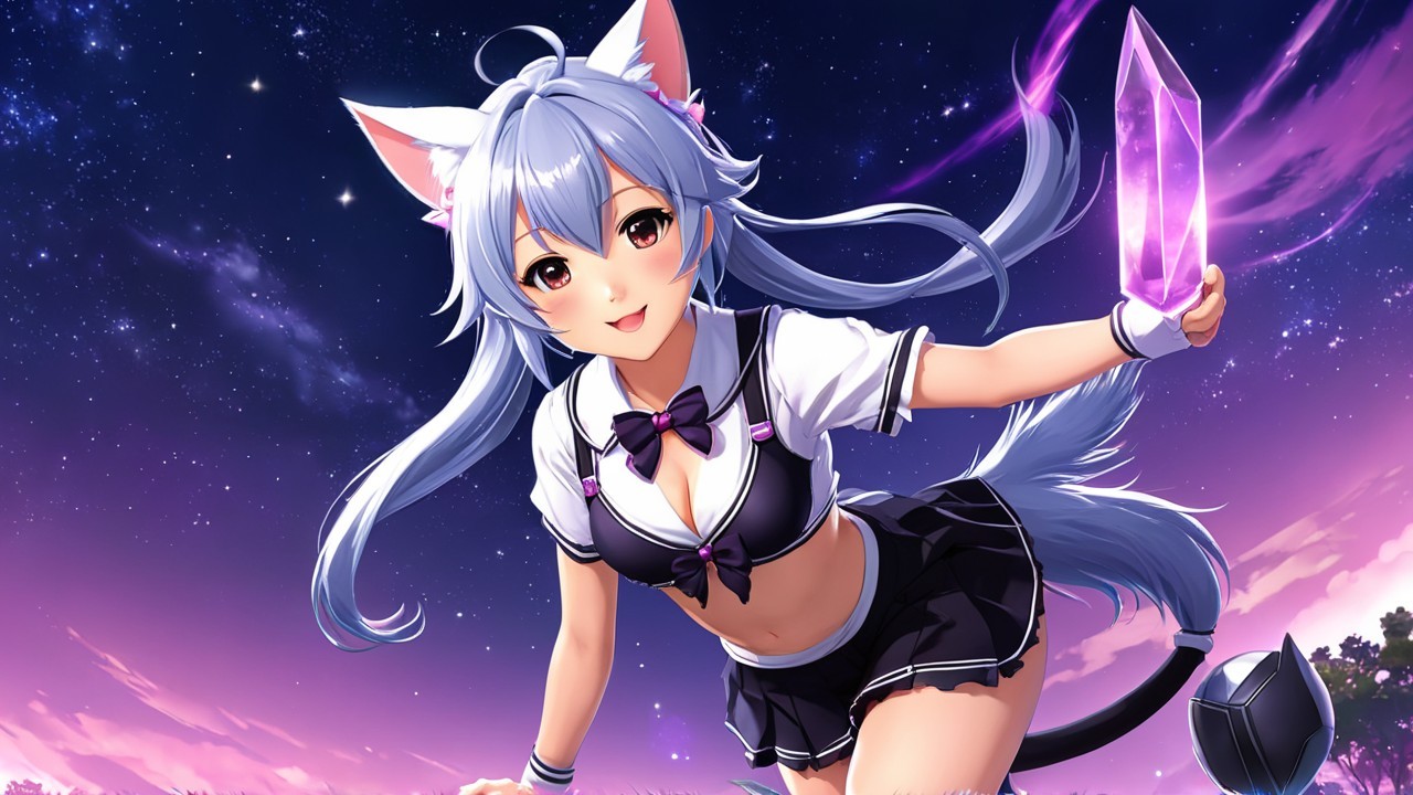Anime girl with cat ears in starry night scene