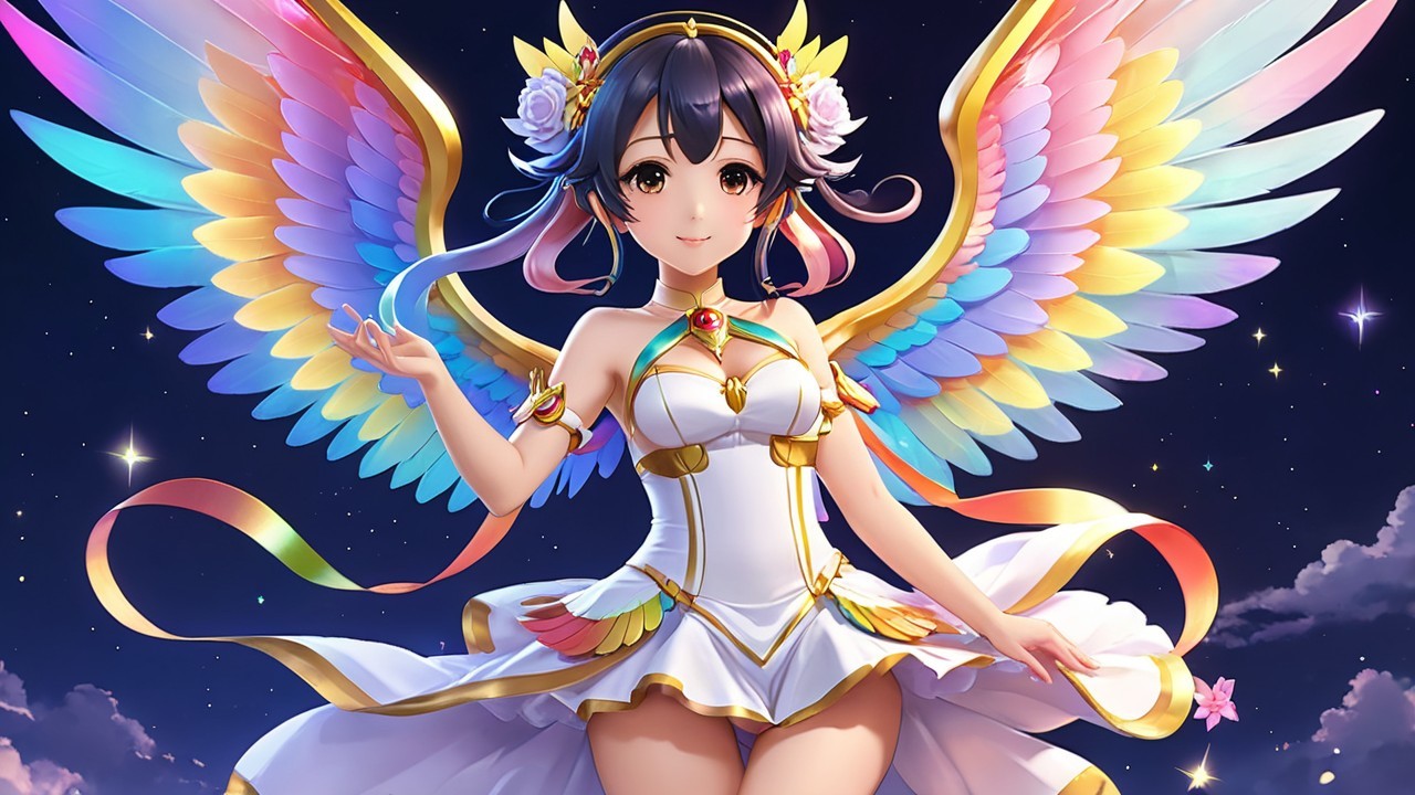 Ethereal Character with Colorful Wings at Night Sky