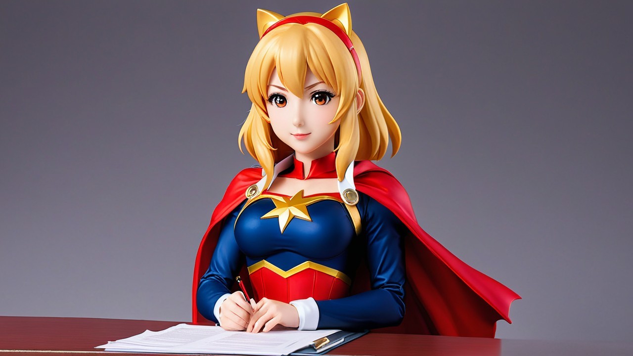 Superheroine Figure at Desk with Pen and Vibrant Outfit