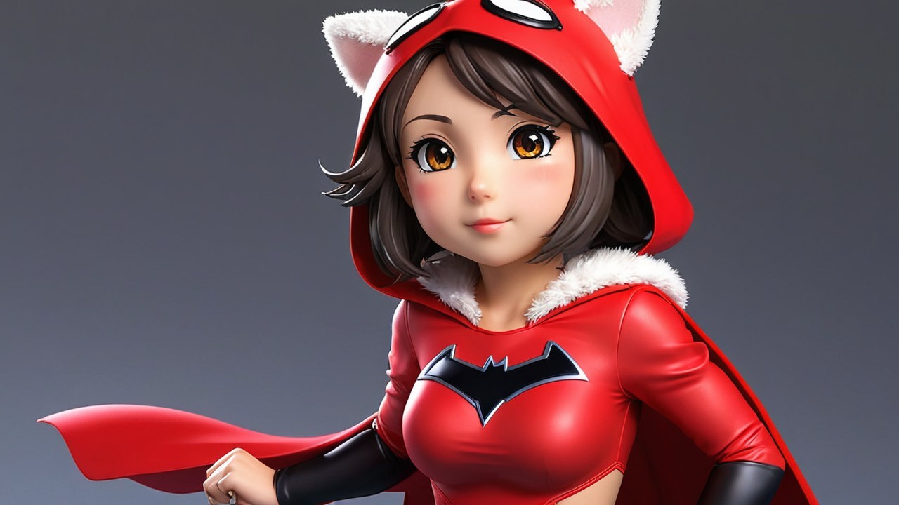 Stylized female character in red hooded costume