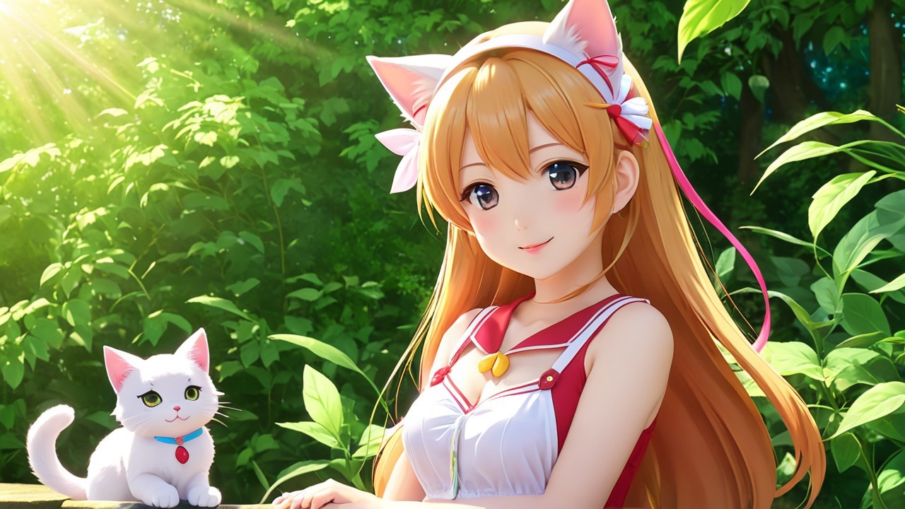 Young girl with cat ears and floral headband in nature