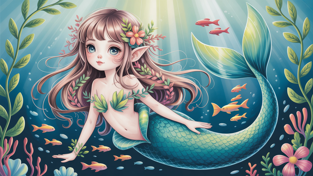 Cute anime mermaid in serene underwater setting