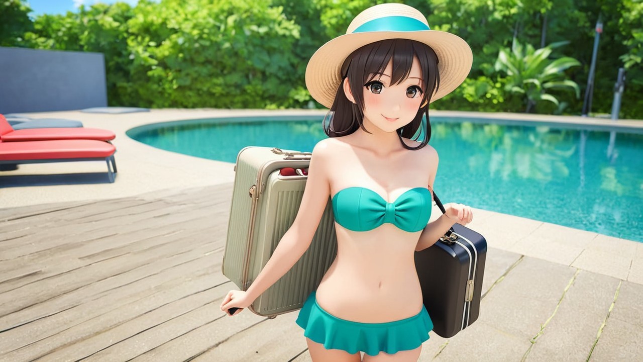 Young woman in teal bikini by pool with suitcases