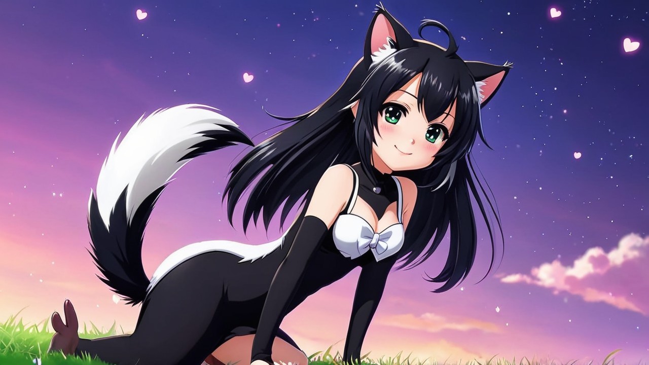 Anime girl with cat ears in a twilight field