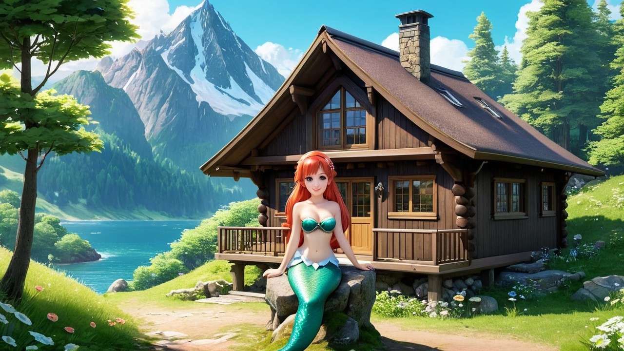 Wooden Cabin by Lake with Mermaid in Fantasy Landscape