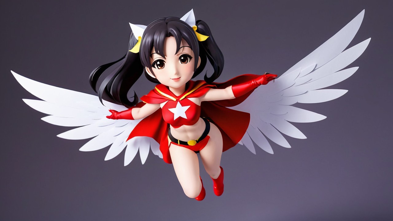 Female superhero character with wings in flight