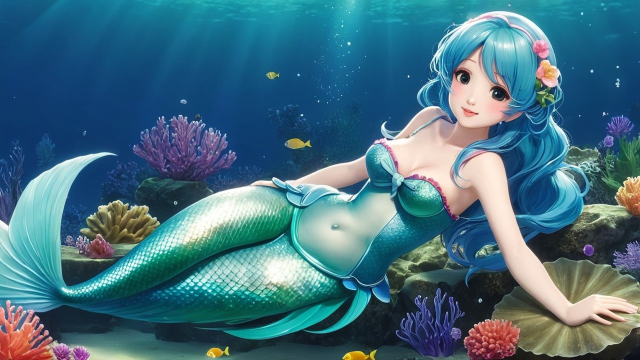 Mermaid with Blue Hair in Serene Underwater Scene