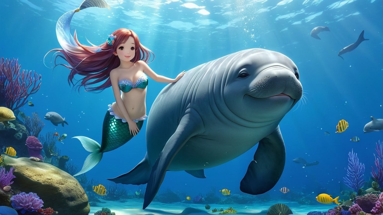 Vibrant Underwater Scene with Mermaid and Manatee