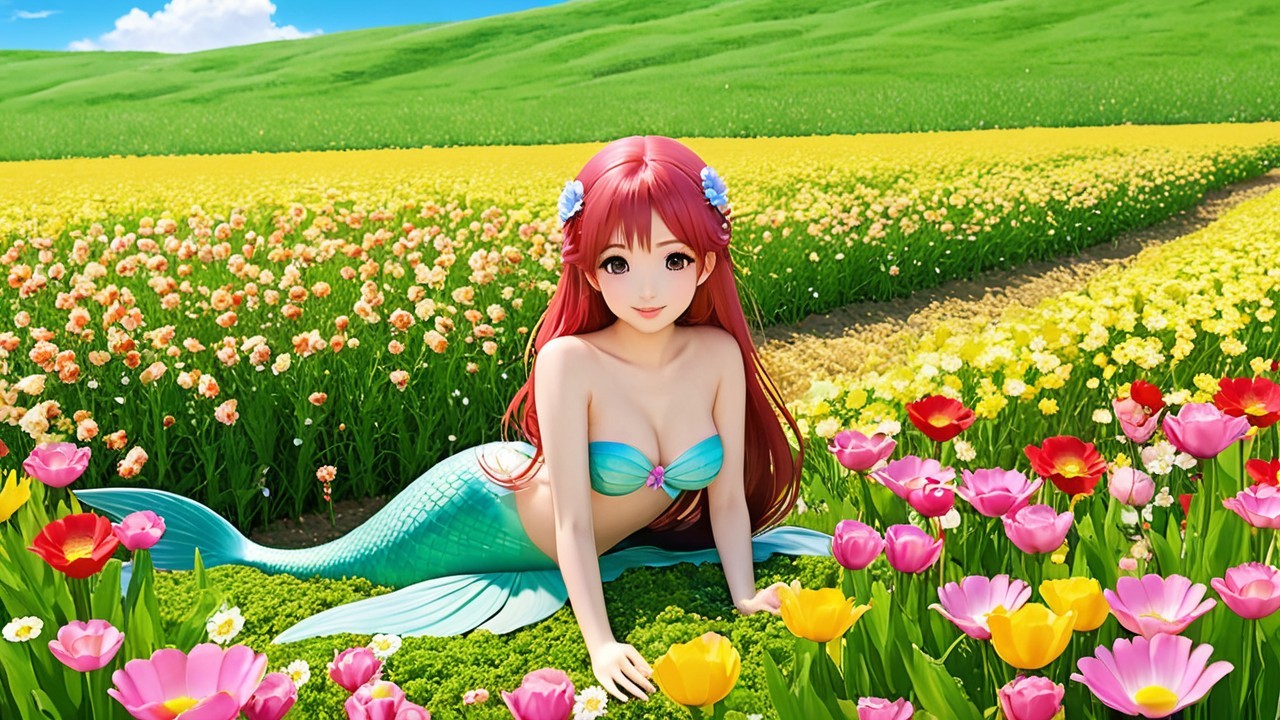 Mermaid with Red Hair in Colorful Flower Field