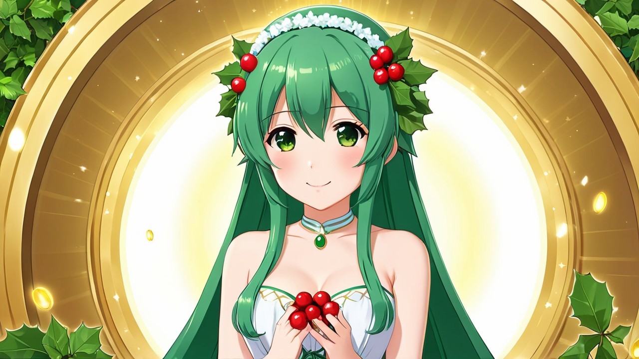 Character with Green Hair in Festive Holiday Setting