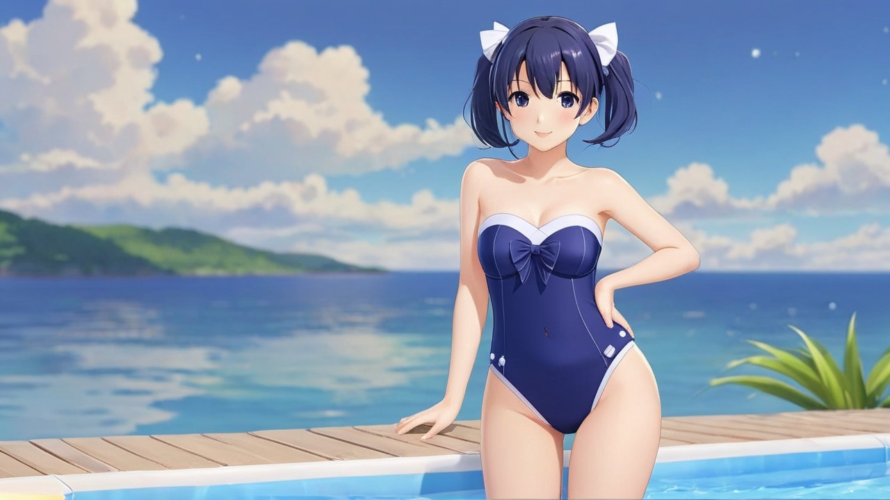 Cheerful anime girl by sparkling pool in navy swimsuit