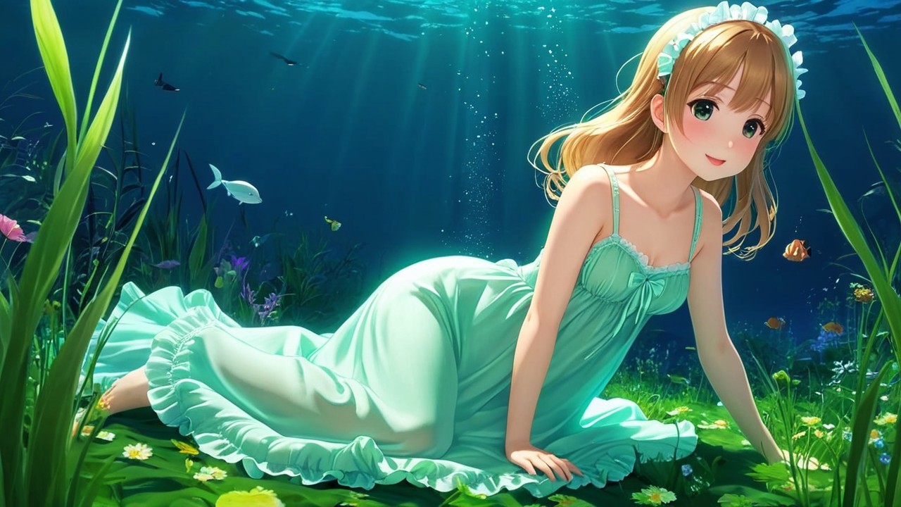 Underwater Scene with a Girl in Green Dress
