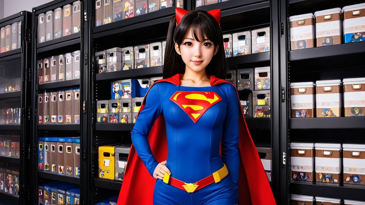 Vibrant Blue Superhero Character with Collectibles Display