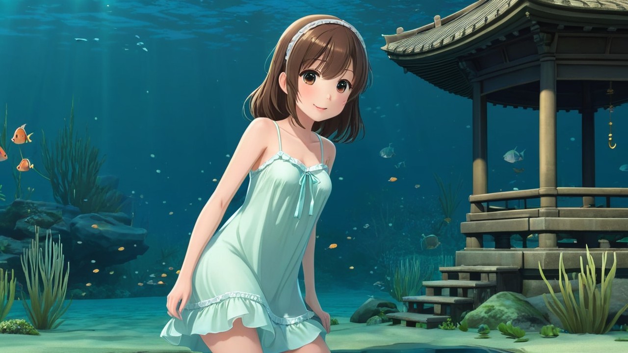 Young girl in blue dress underwater with marine life