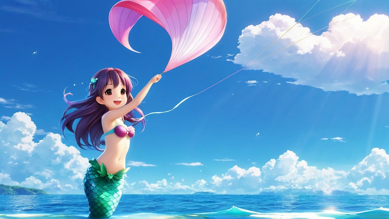 Cheerful Mermaid with Kite in Shimmering Ocean