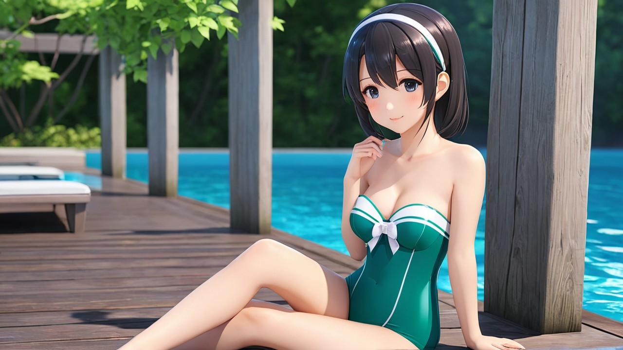 Young girl in green swimsuit by sparkling blue pool