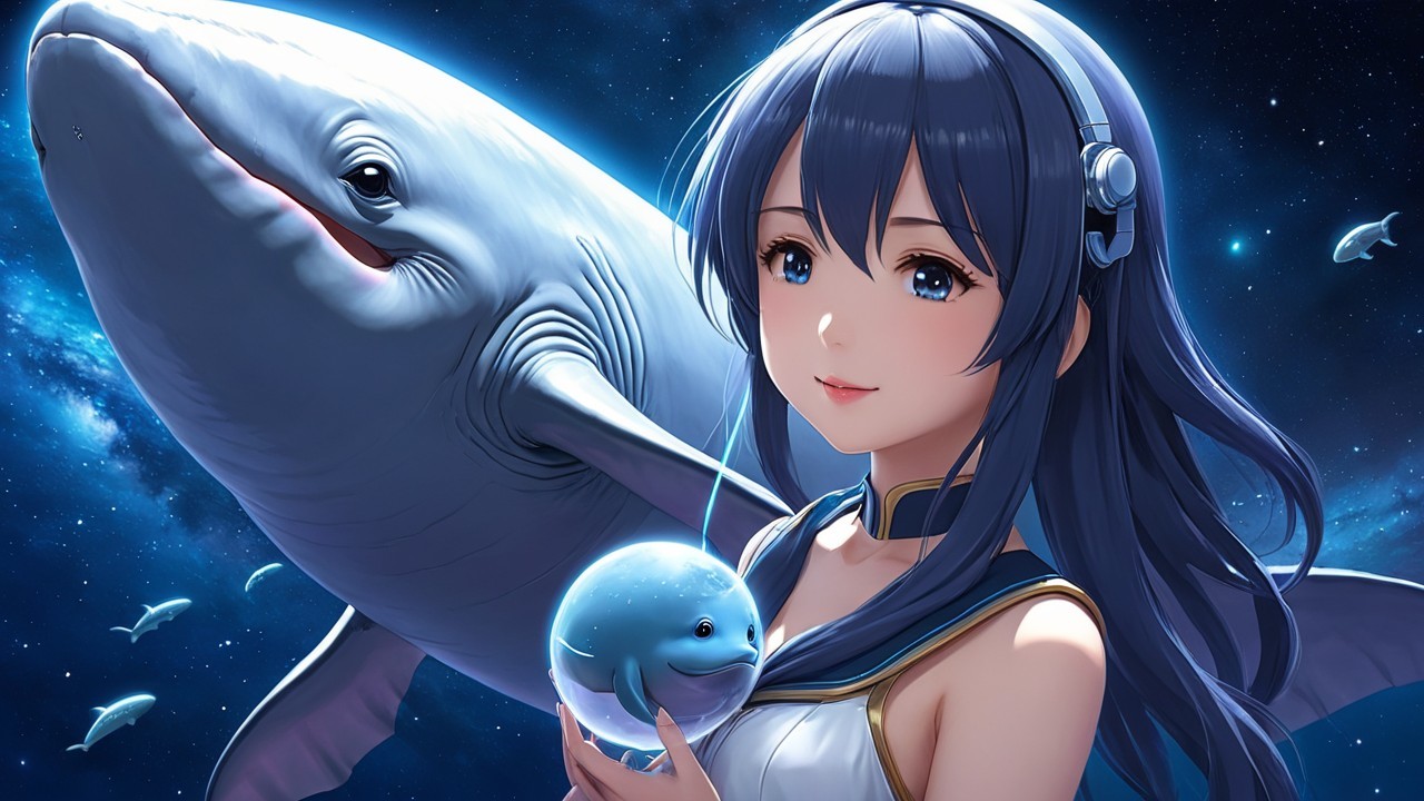Serene Anime Illustration of Woman with Beluga Whale