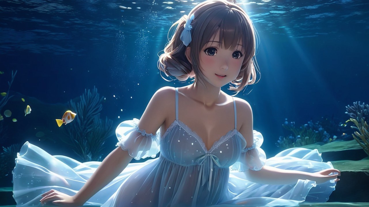 Underwater Scene with Young Woman in Translucent Dress