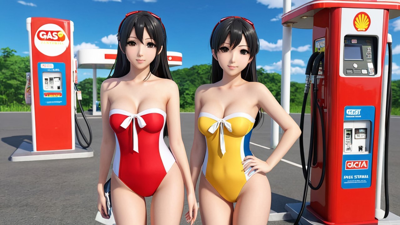 Animated Characters at a Gas Station in Swimsuits