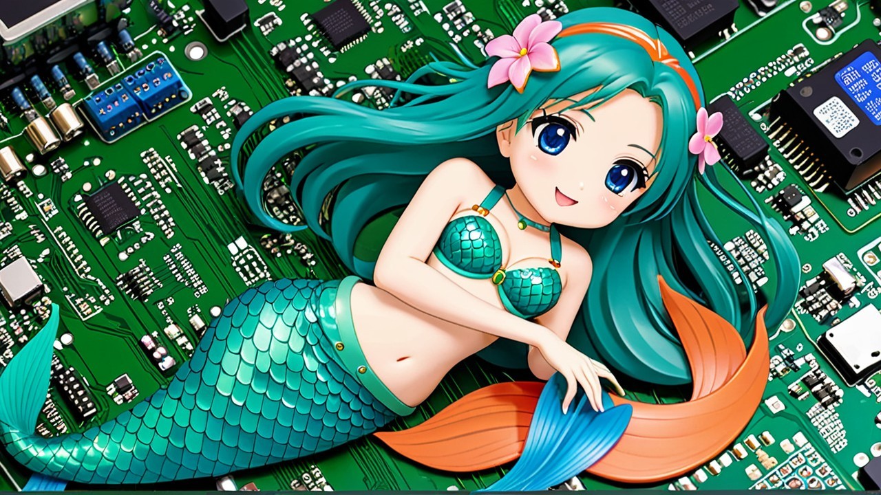 Mermaid Illustration on Circuit Board with Vibrant Details