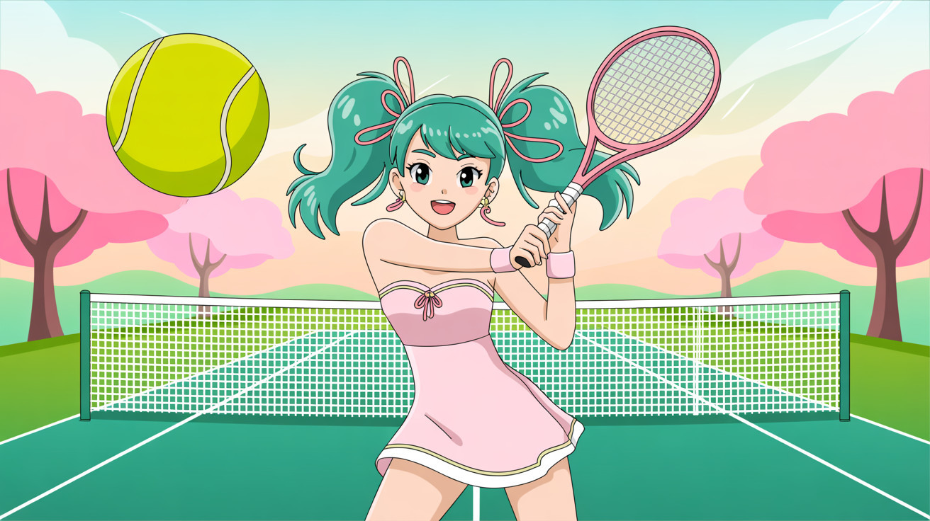 Anime girl with green ponytails on tennis court