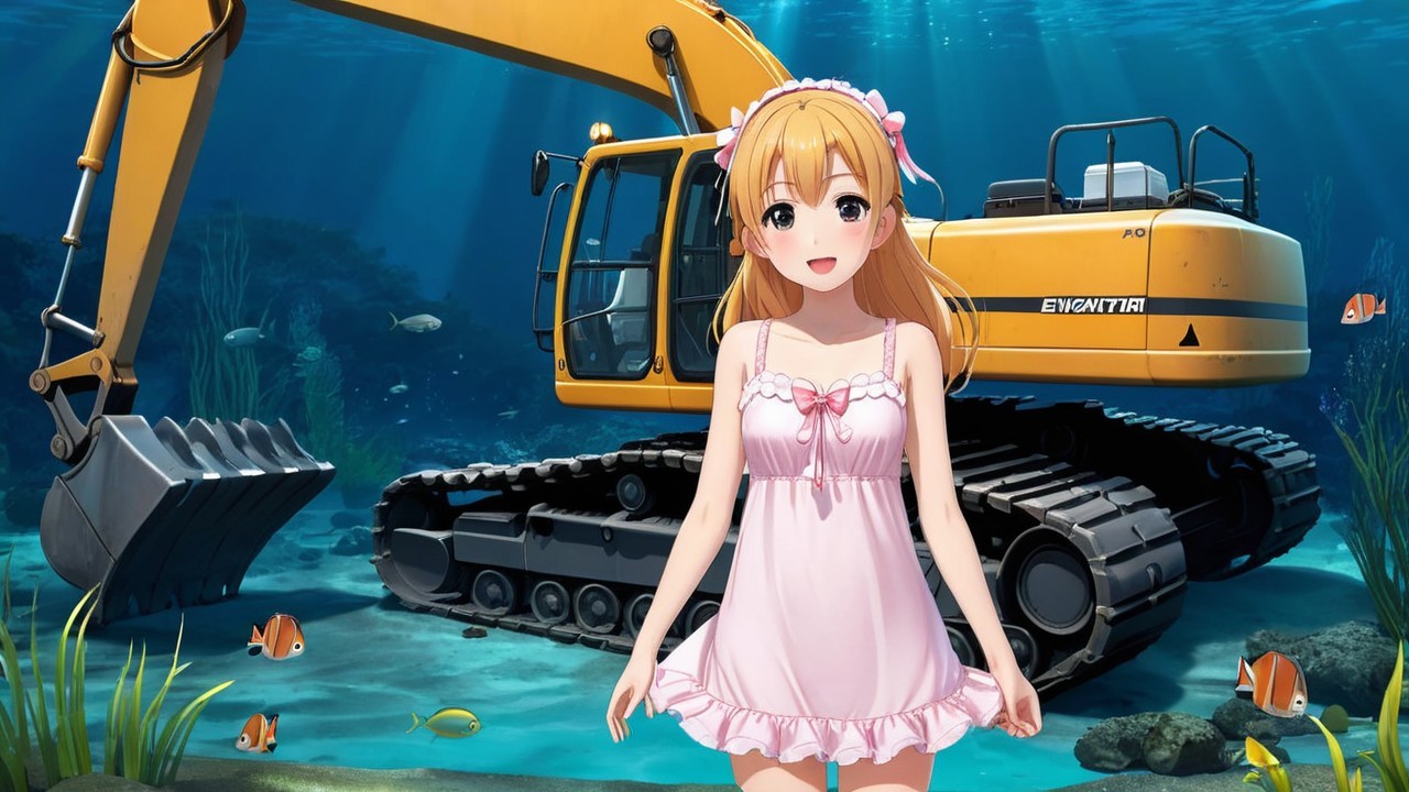 Anime Girl in Pink Nightgown Underwater with Fish