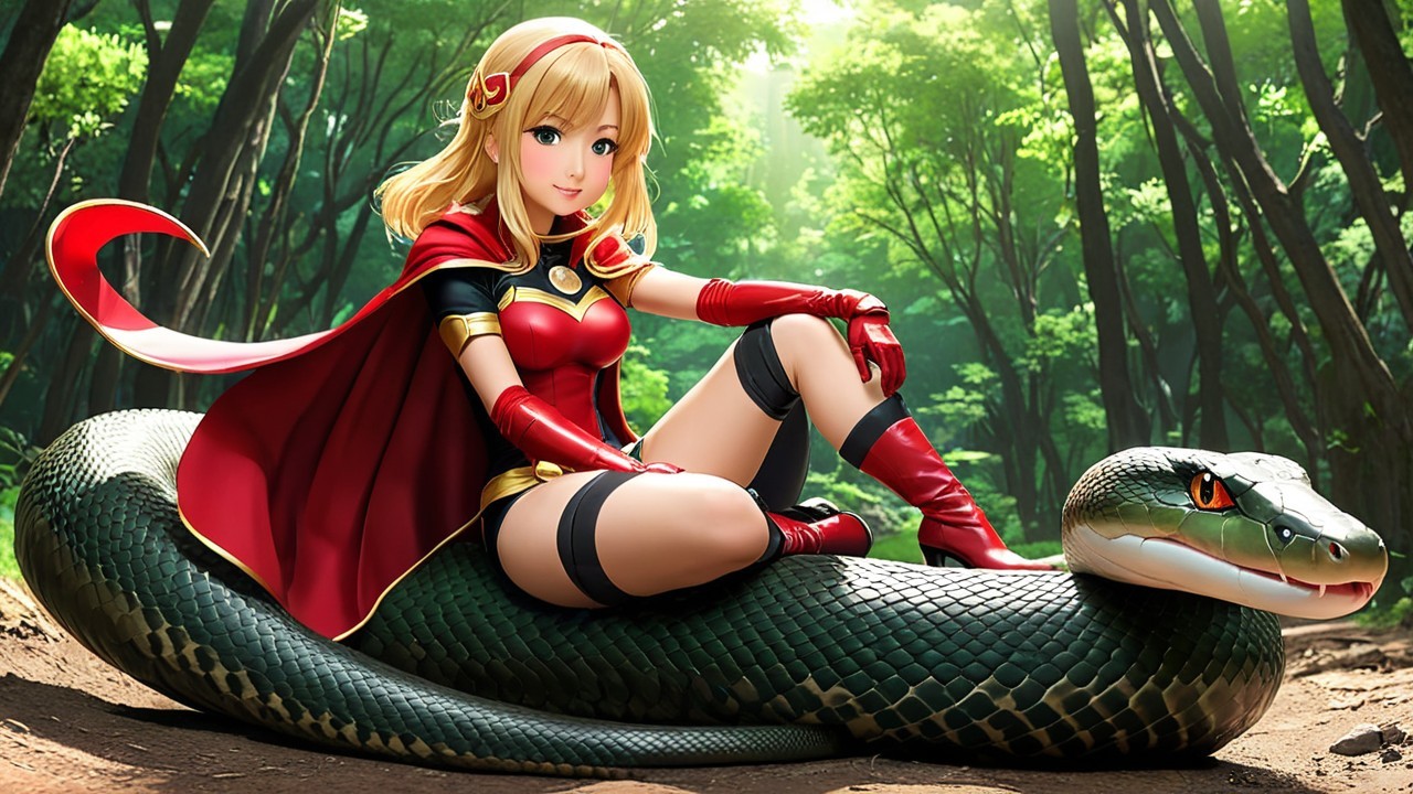 Heroic Character on Snake in Lush Forest Setting