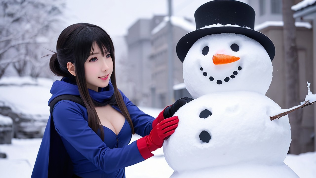 Young Woman and Snowman in Winter Wonderland Scene