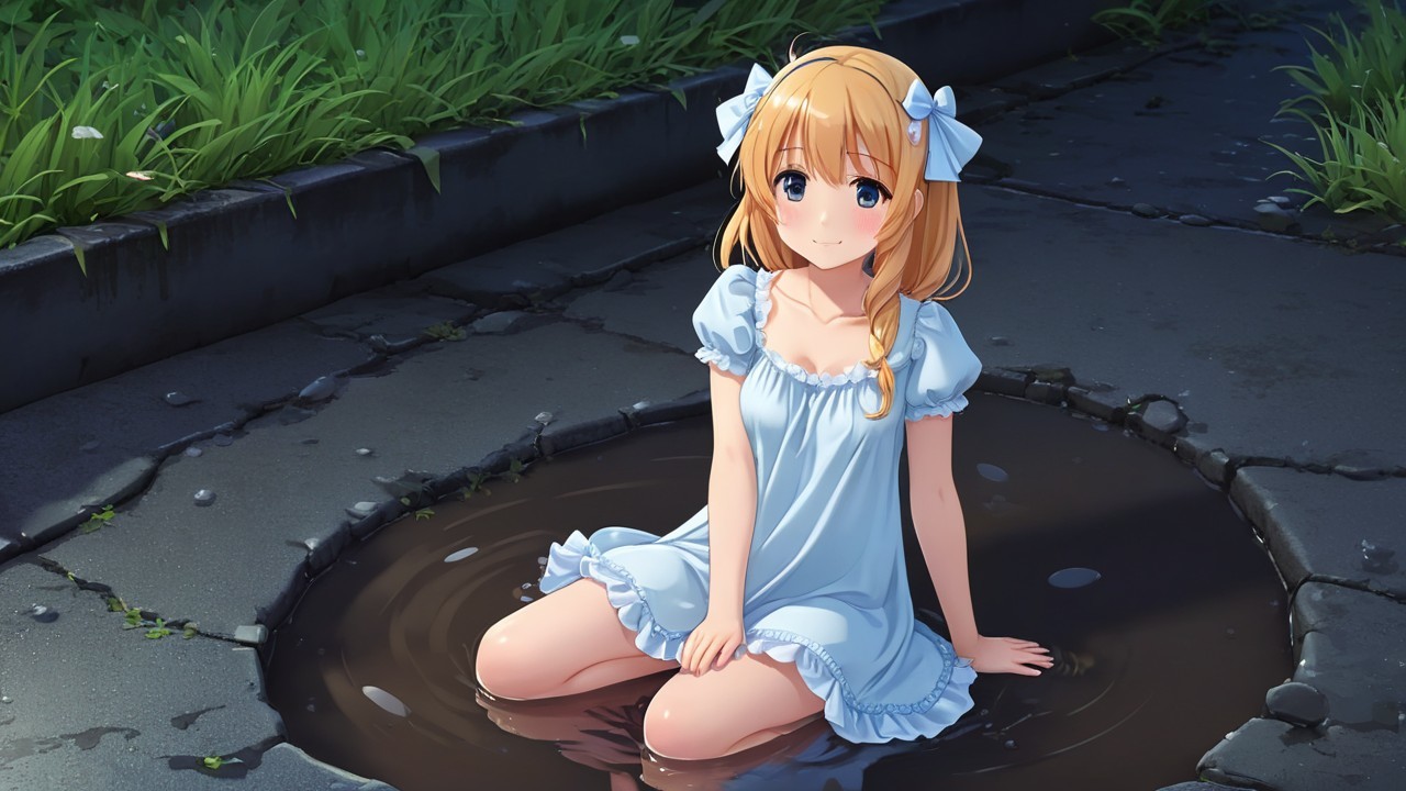 Young Girl in Blue Dress Playing in Puddle on Pavement