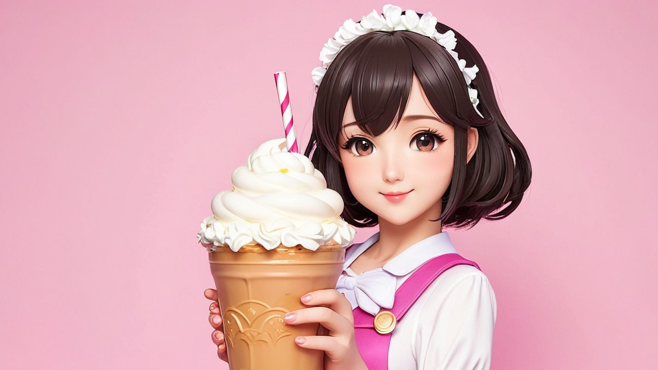 Cheerful Animated Girl with Iced Coffee and Apron